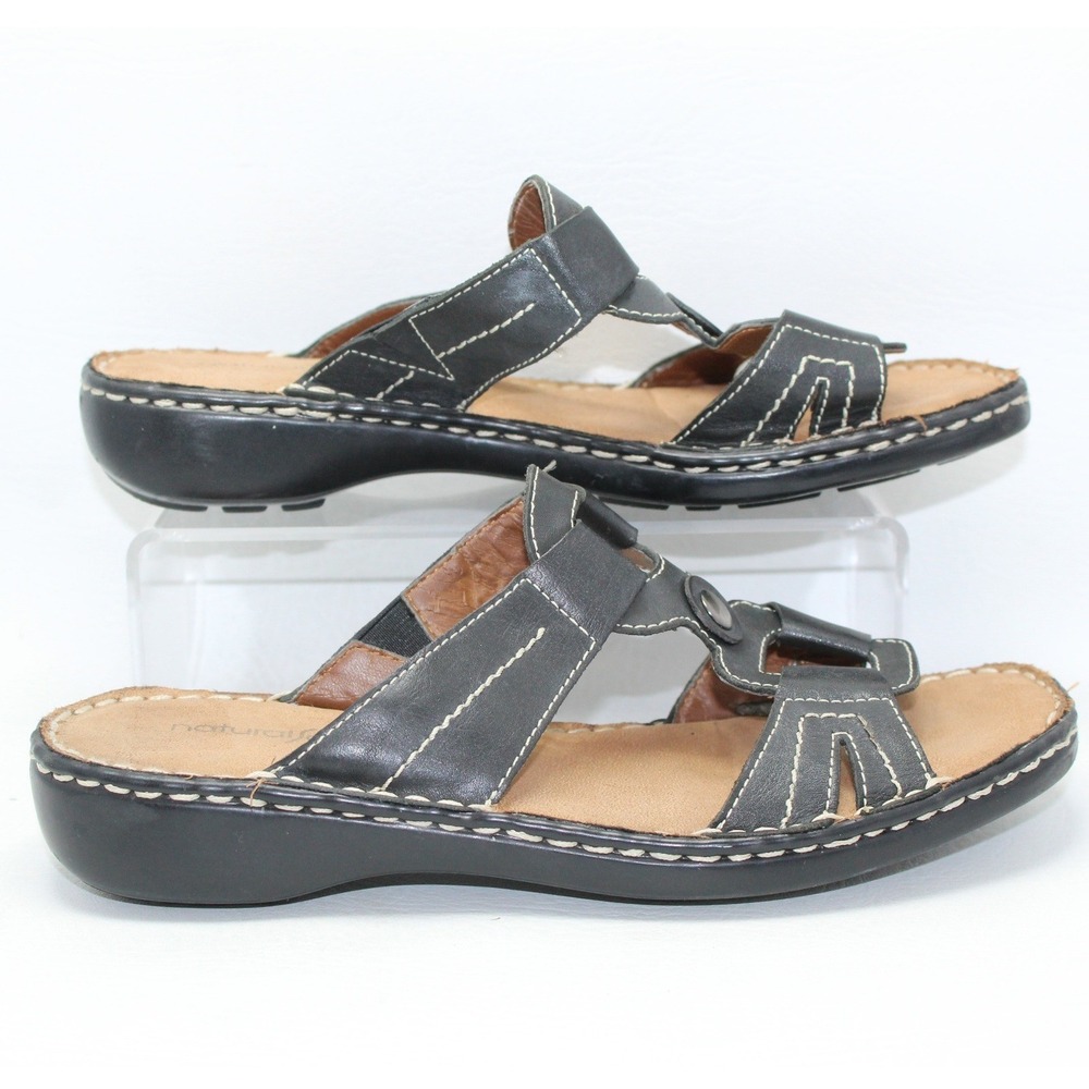 Natural Soul Naturalizer Cedric Black Leather Slide Sandals Womens 8M Stitching